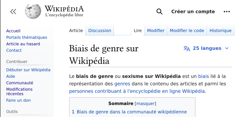 Article de Wikipédia Biais de genre - Capture d'écran